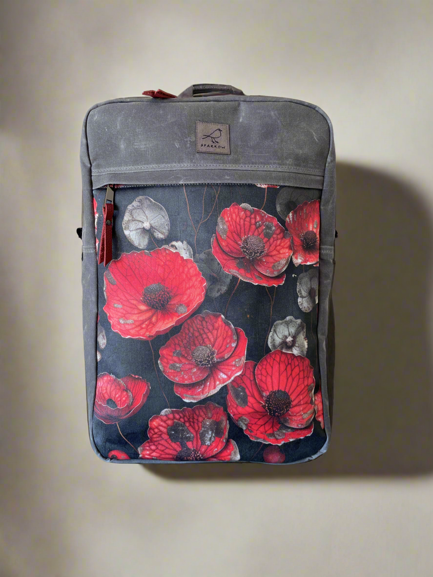 City Sling in grey waxed canvas and a red poppy print