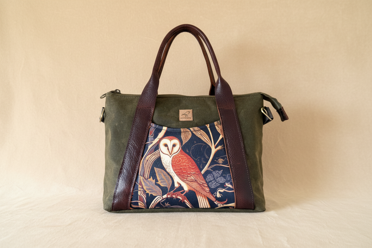 Olive green waxed canvas mini Oxbow tote with medieval owl front pocket accent and brown leather straps.