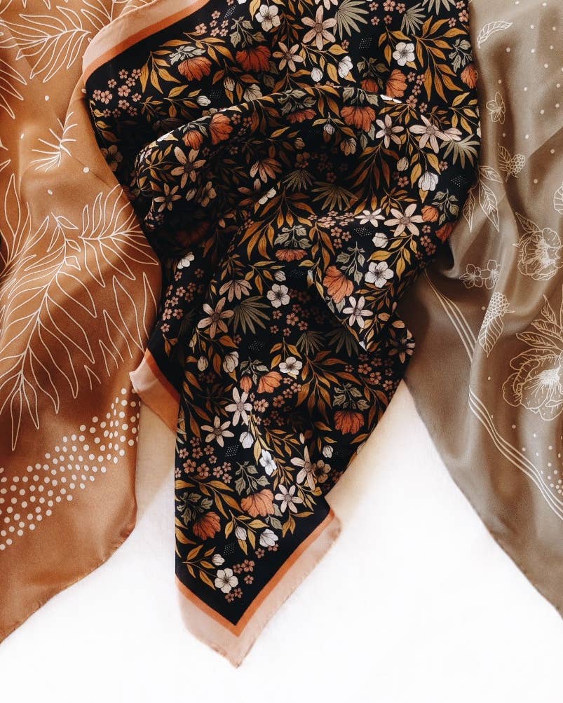 3 silk scarves in brown earthy floral patterns