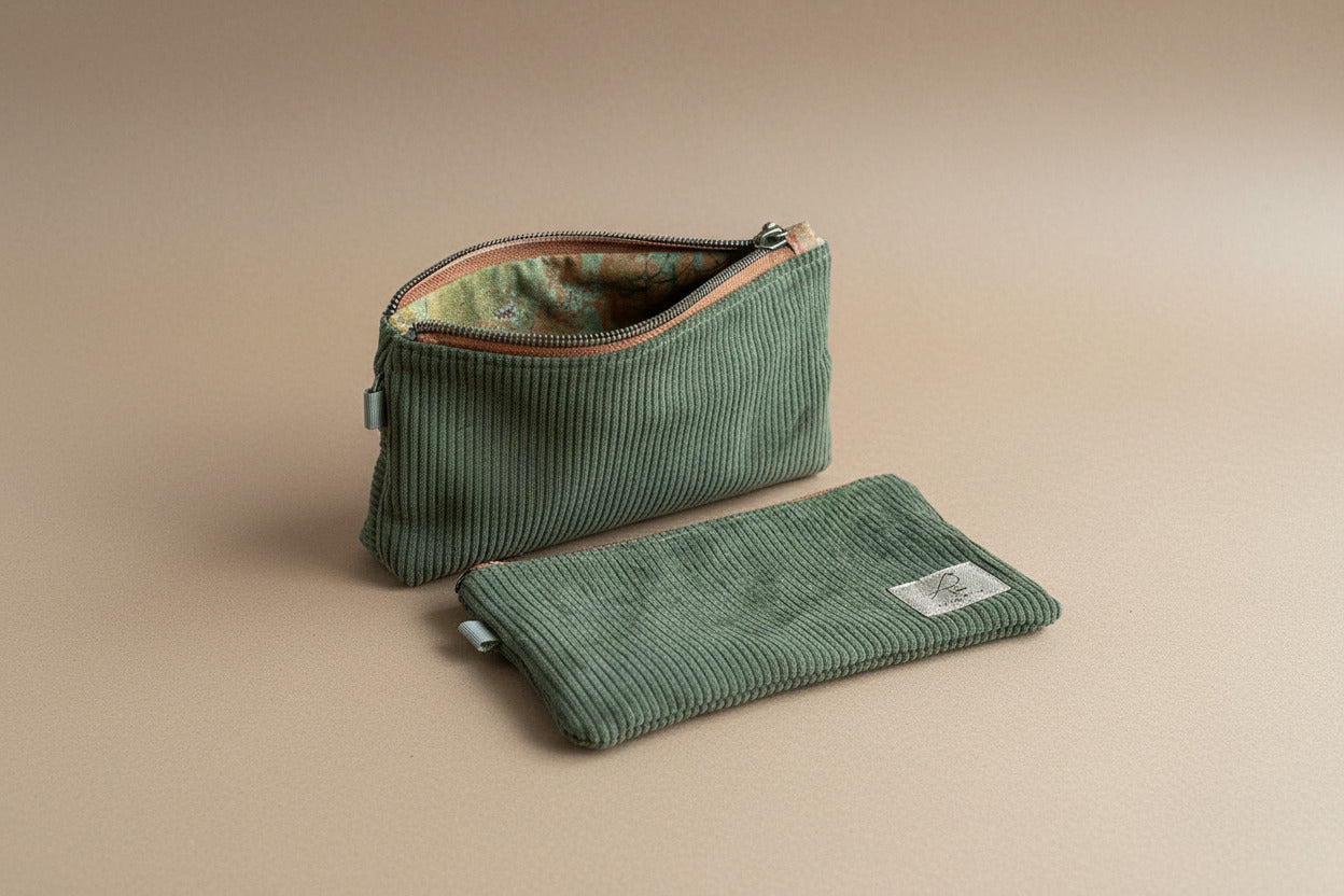 Two zippered pouches in green corduroy. One is open showing the green lining.