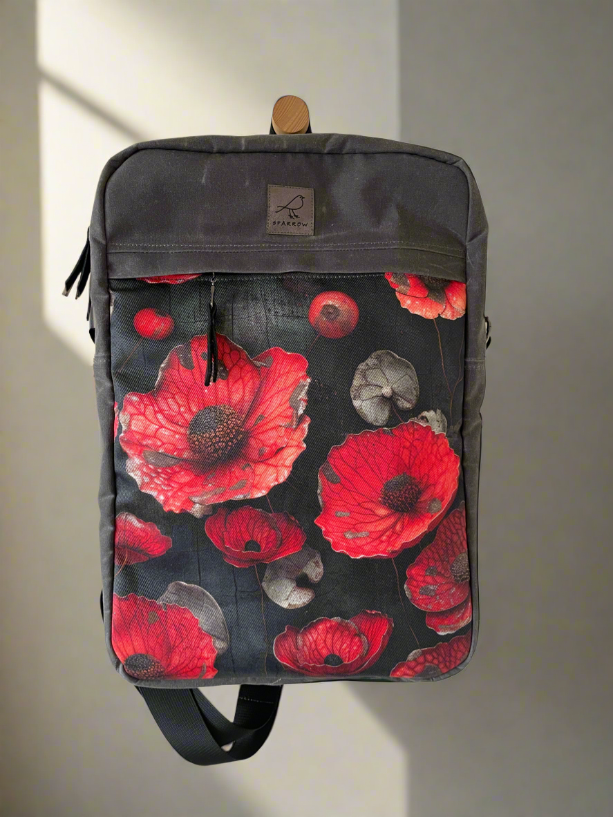 Backpack with red floral design on a plain background