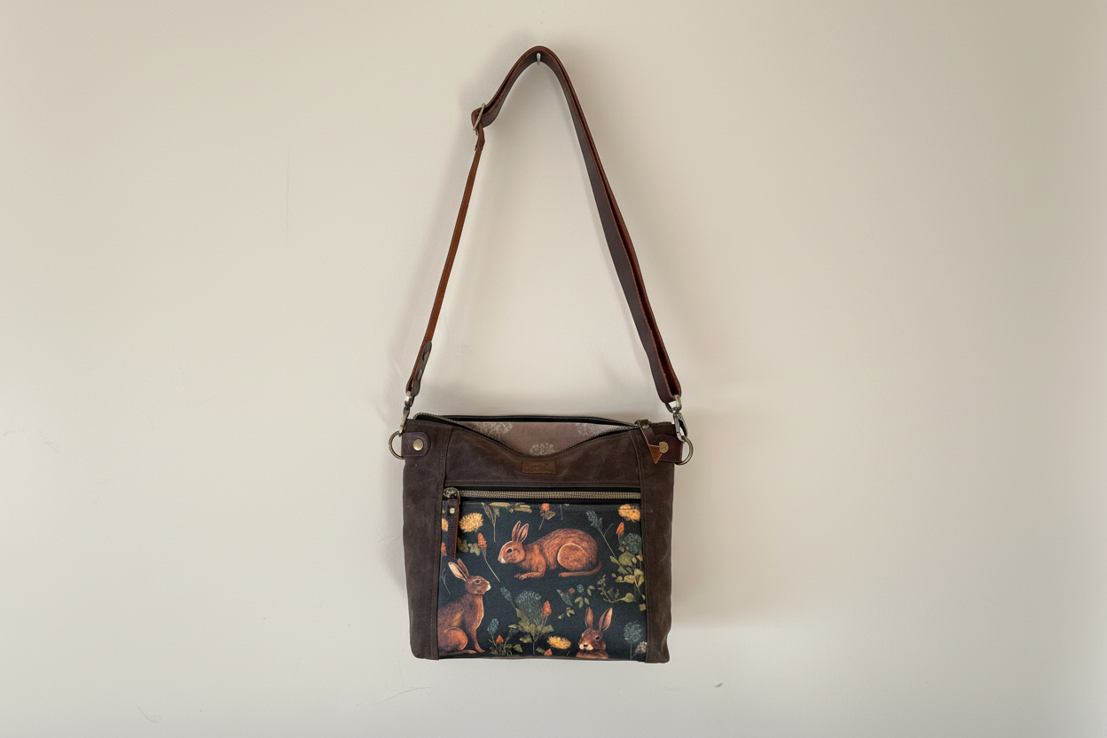 Handcrafted mid-size crossbody or shoulder bag in chocolate brown waxed canvas, medieval rabbit front pocket accent, black zipper tape, bronze hardware, dark brown leather strap and accents, and tan floral lining. The bag has multiple inner and outer slip and zipper pockets. Made in Canada.
