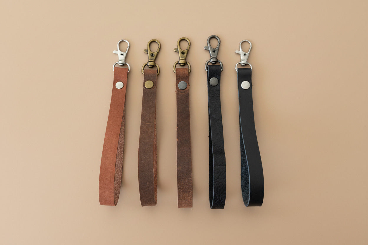 Leather wrist straps for zippered pouches in brown and black tones, with hardware in multiple choices of silver, bronze, or gunmetal.