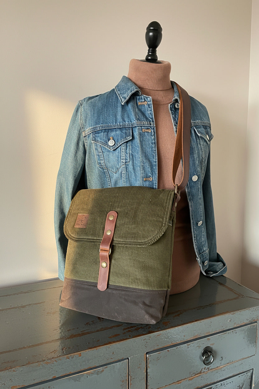 Messenger/cross body bag in olive green corduroy on main body and top flap, with chocolate brown waxed canvas base and 1.5" adjustable leather cross-body strap and 1" wide leather front closure. Handcrafted by Sparrow Handmade in Canada. Bag is shown on mannequin. 