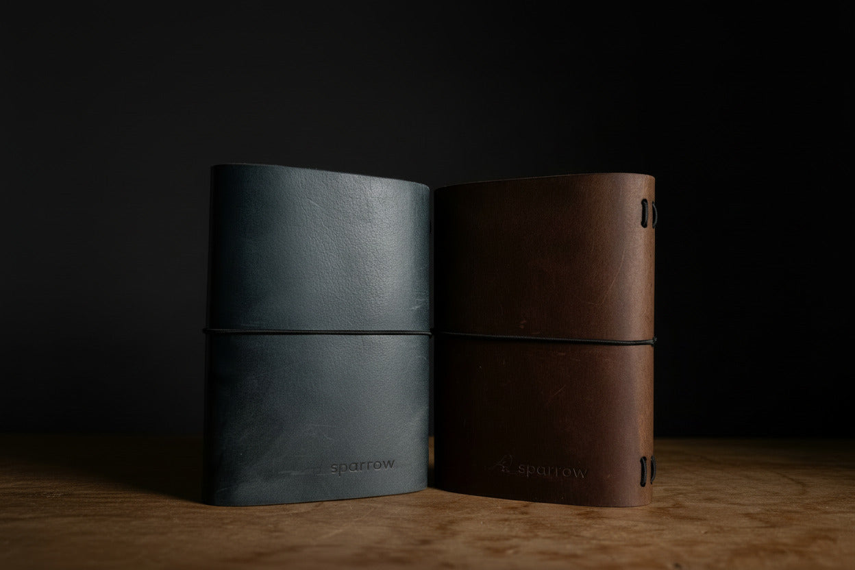 Back view of leather traveler's journals on a table