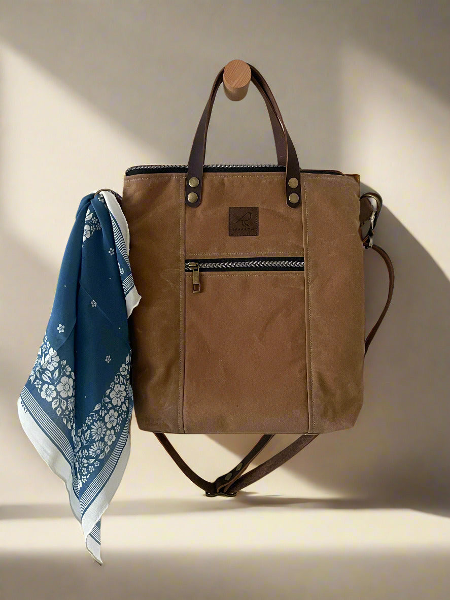 Handmade tan waxed canvas tote bag with blue silk scarf