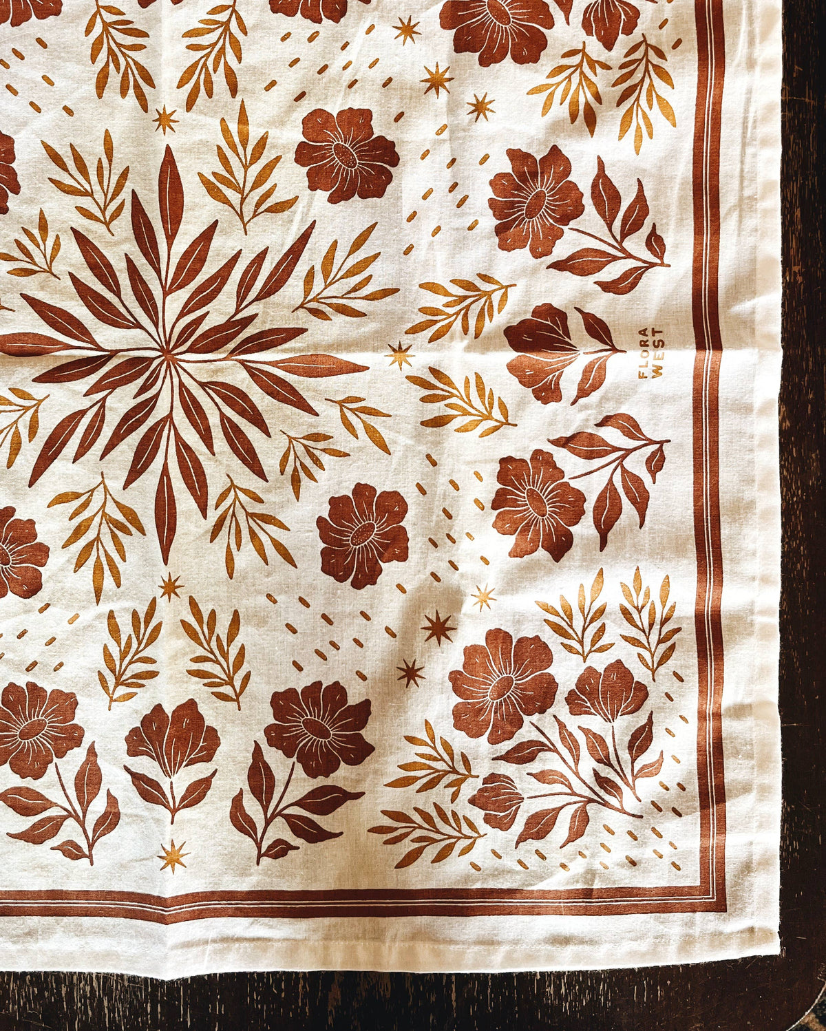 Cotton bandana scarf with white background and brown floral pattern.  In stock and ready to ship. 