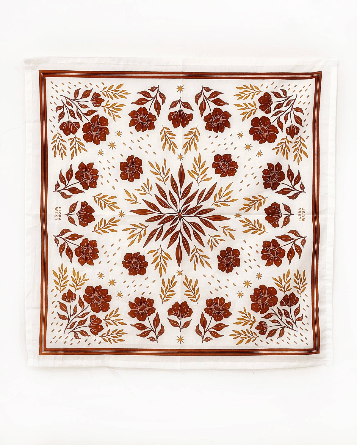 Cotton bandana scarf with white background and brown floral pattern