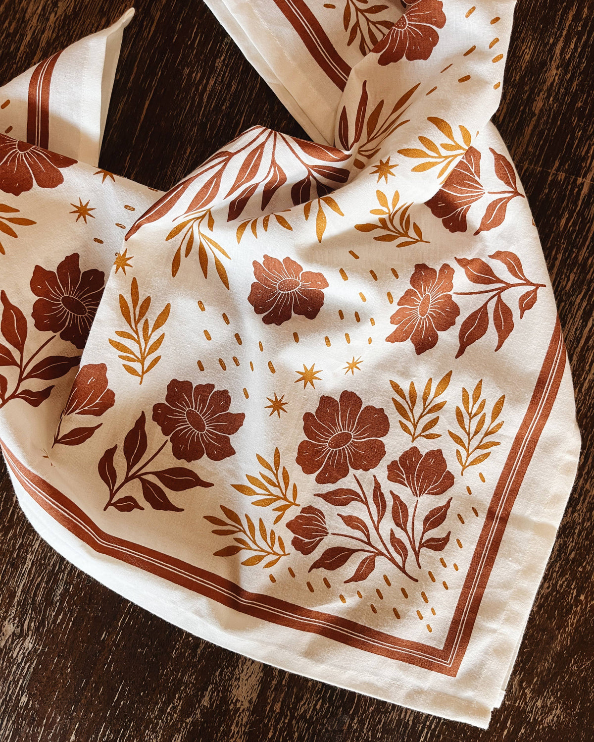 Cotton bandana scarf with white background and brown floral pattern.  In stock and ready to ship. 