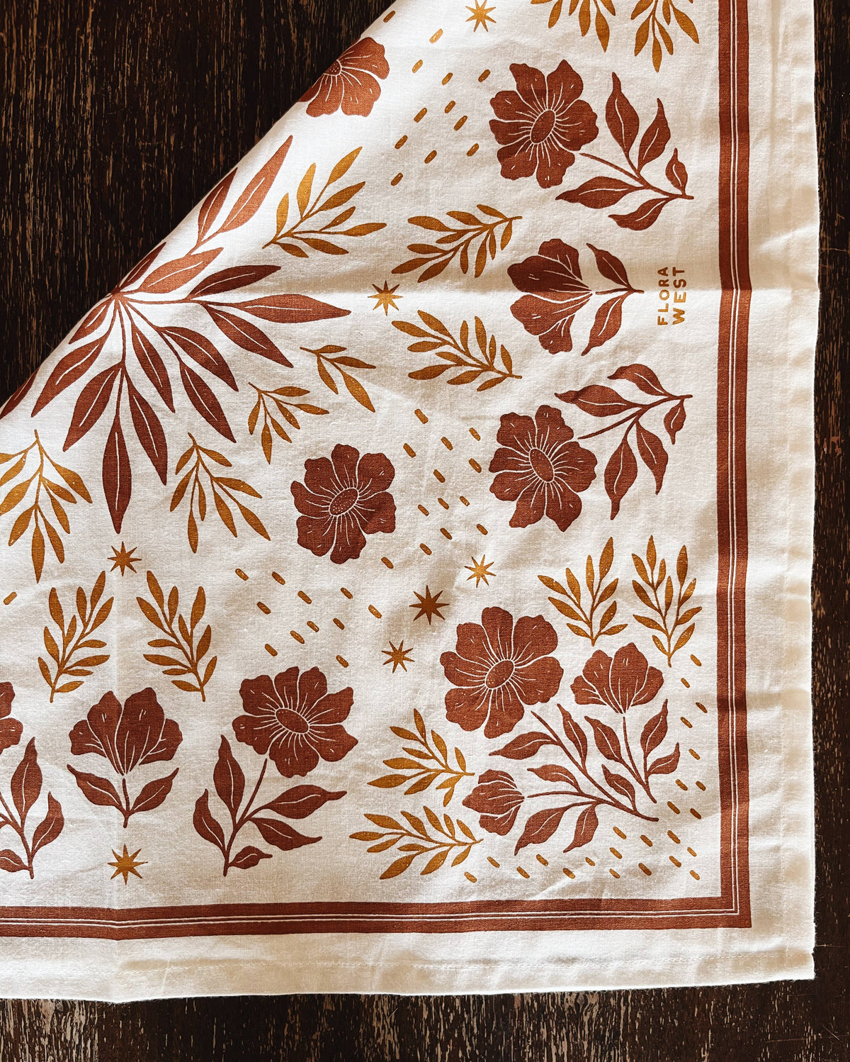 Cotton bandana scarf with white background and brown floral pattern