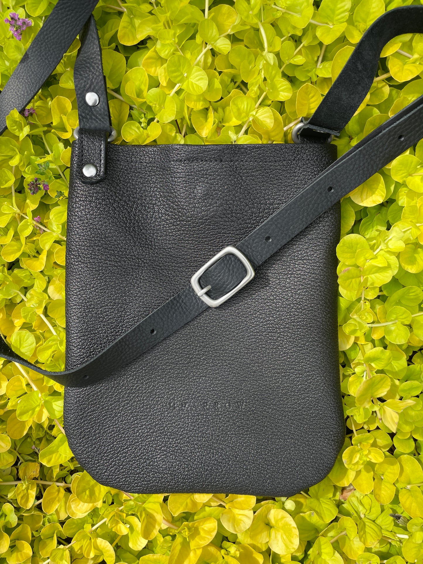 Black leather handbag with a silver buckle on a green leaf background