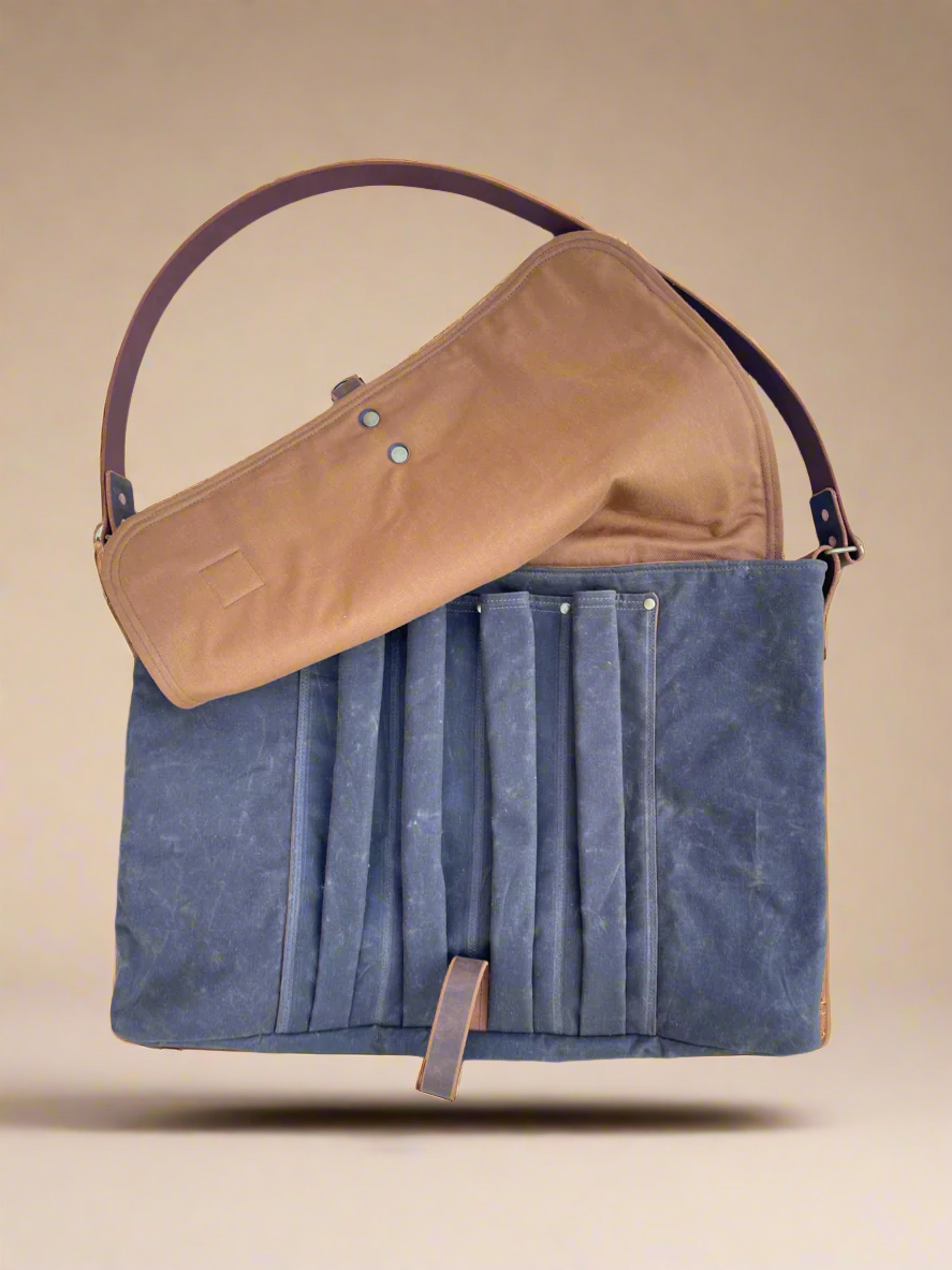 Waxed canvas crossbody specialty bag with 4 slip pockets for Attune Studio birthing stool