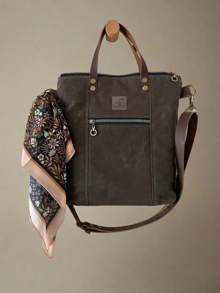 Handmade tote bag in brown waxed canvas with brown toned Midnight garden silk scarf tied to it
