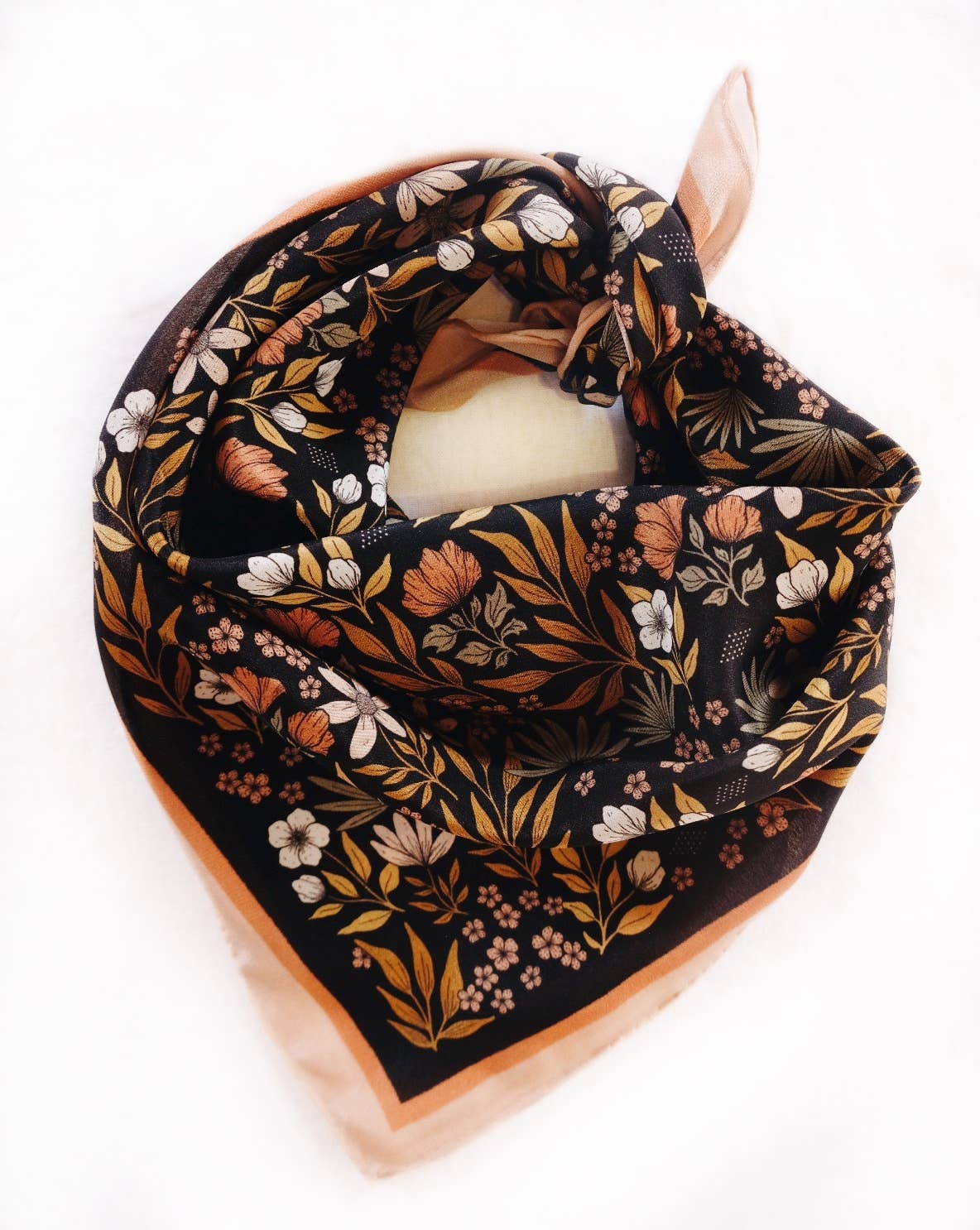 Silk scarf with brown and black tone floral pattern. In stock and ready to ship. 