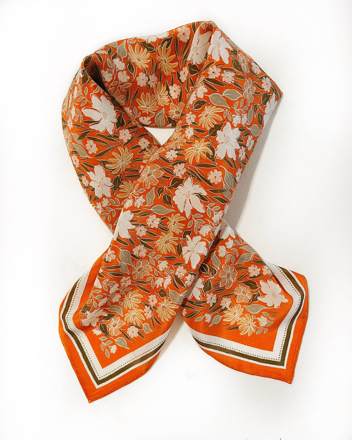 Handmade Silk scarf in orange floral print. In-stock and ready to ship. 