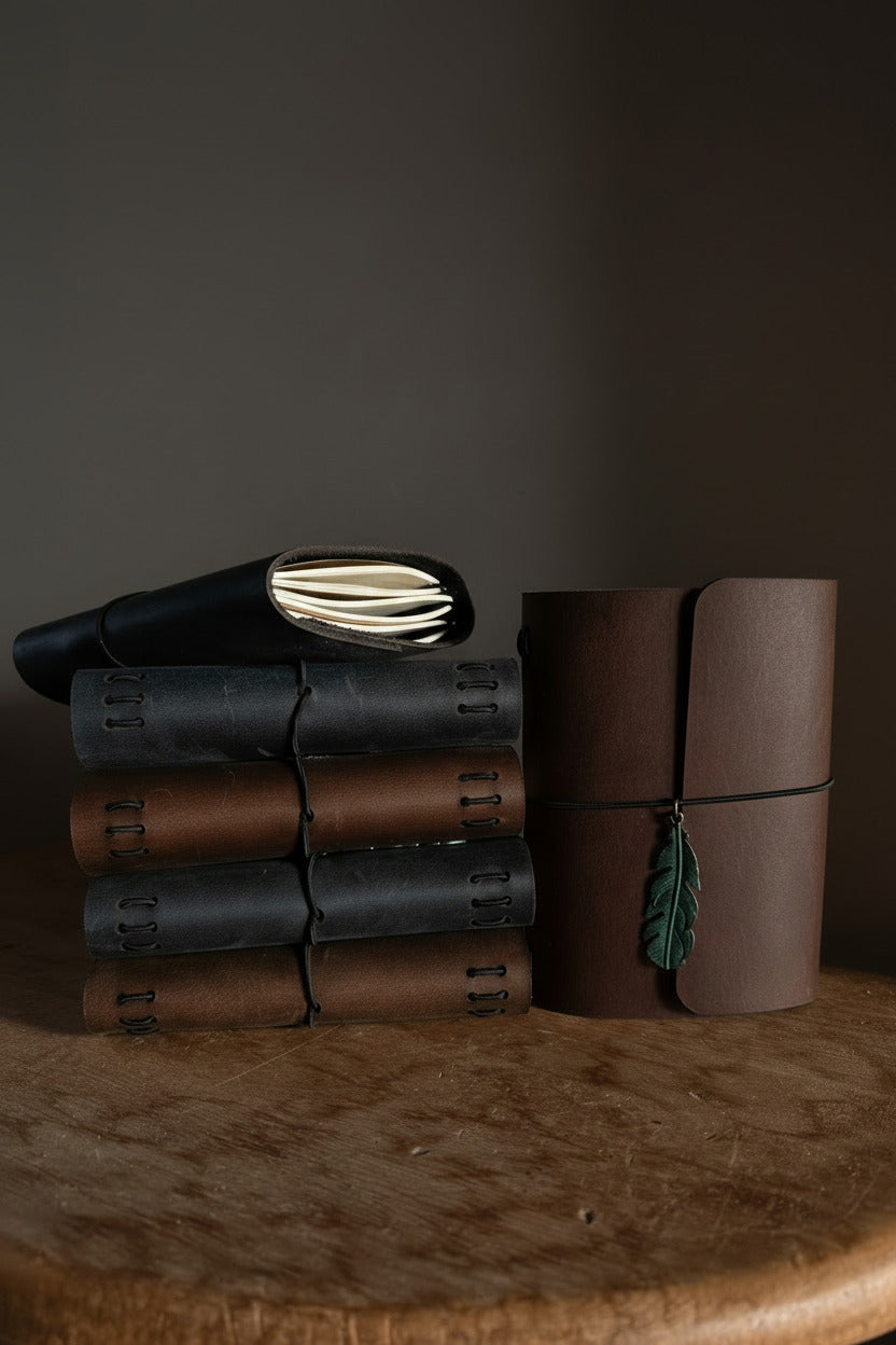 Stack of leather traveler's journals, with brown journal standing upright