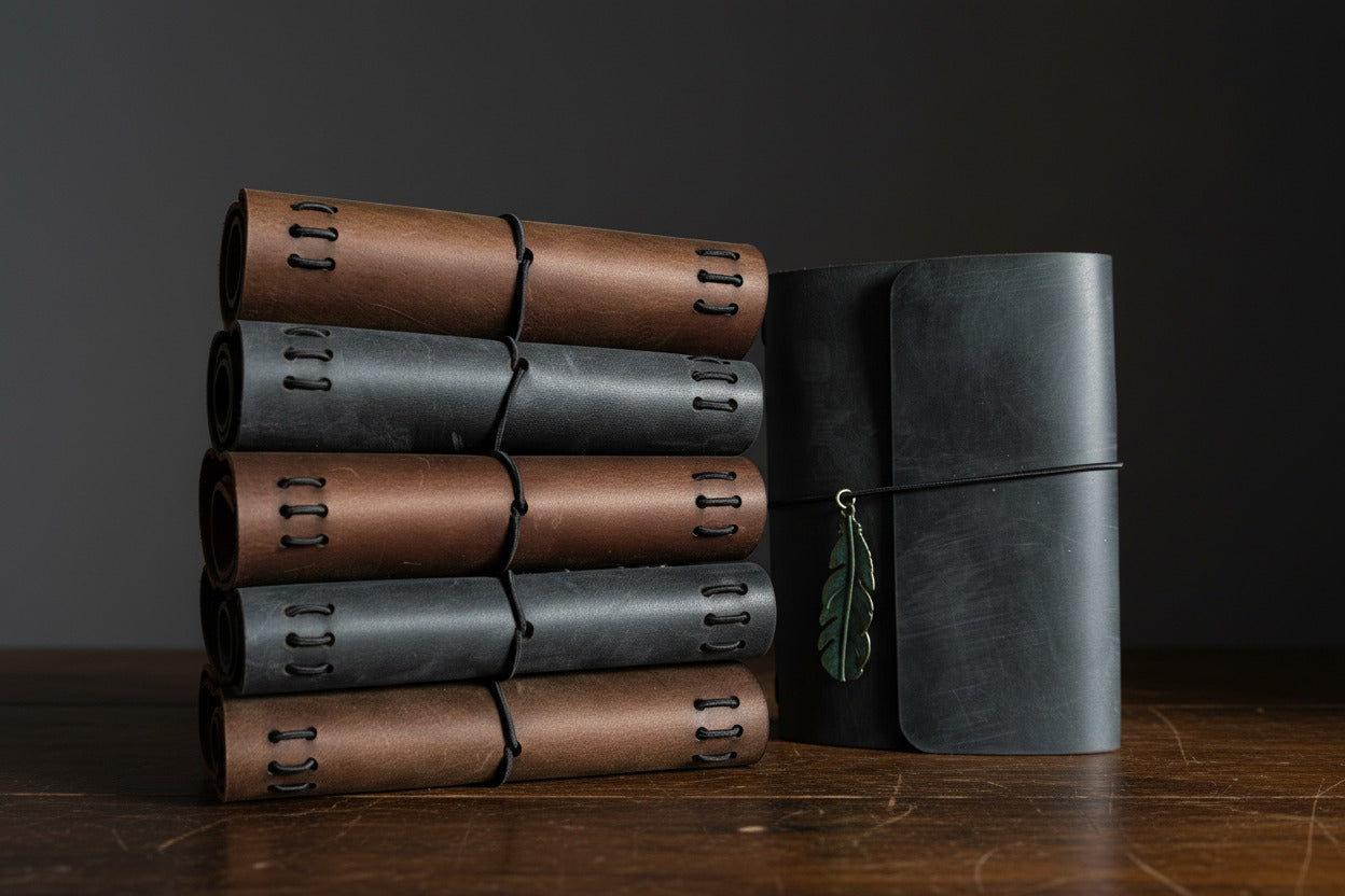 Stack of 5 leather traveler's journals, with a black one standing upright, featuring a green feather charm.
