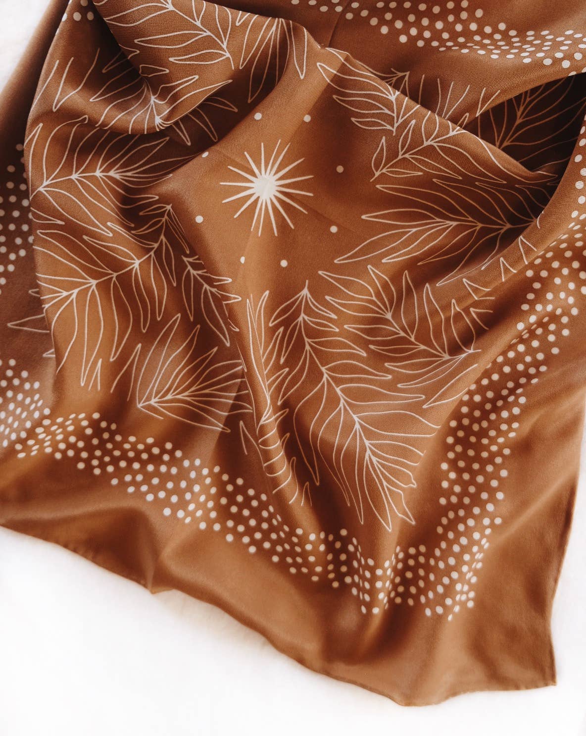 Silk scarf with brown background and white floral pattern.  In stock and ready to ship. 