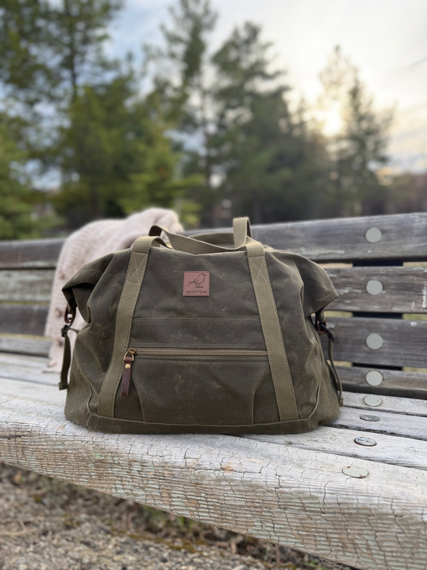 Weekender waxed canvas bag in olive green handmade in Canada by Sparrow Handmade, front view