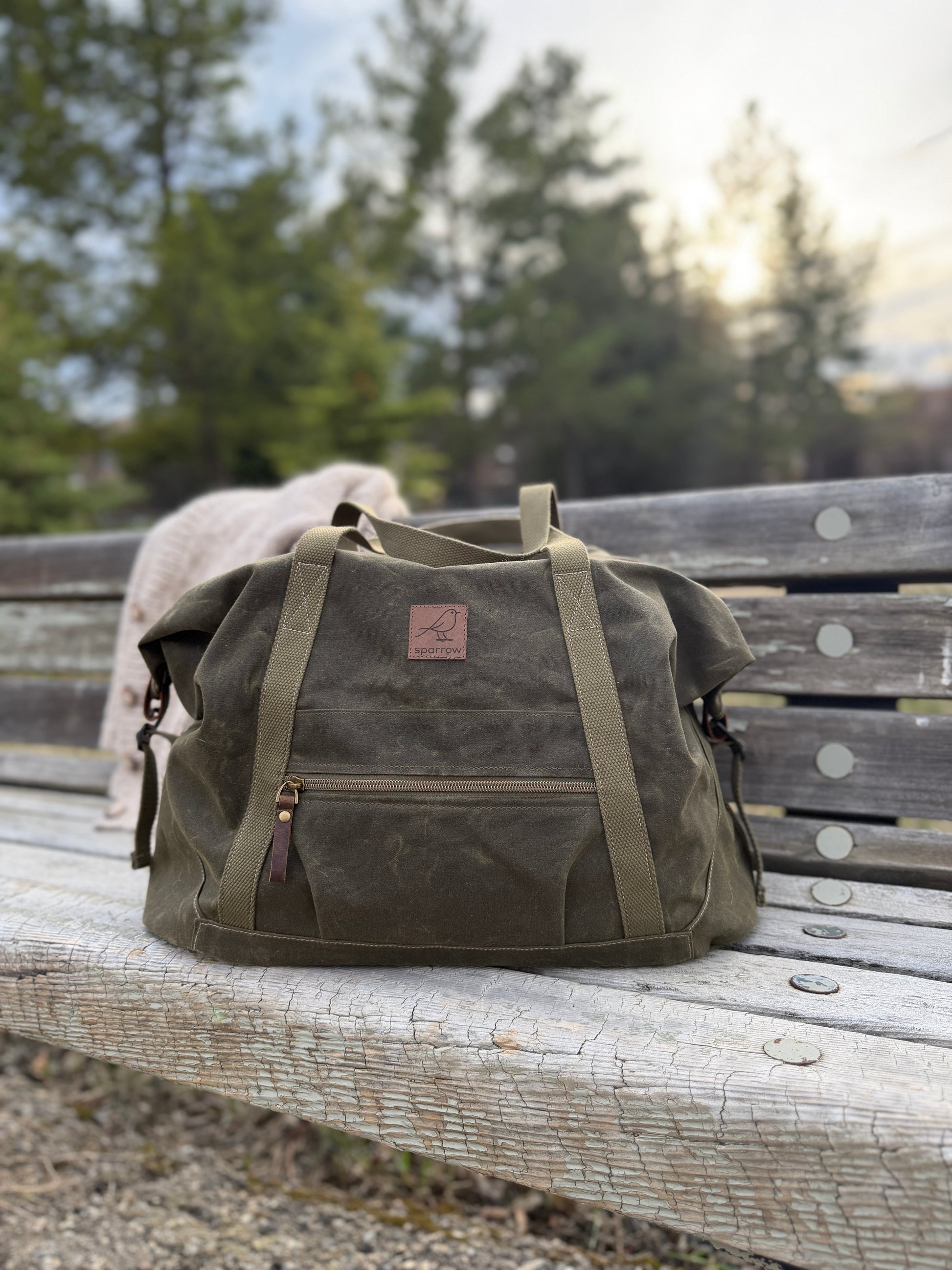 Weekender waxed canvas bag in olive green handmade in Canada by Sparrow Handmade, front view