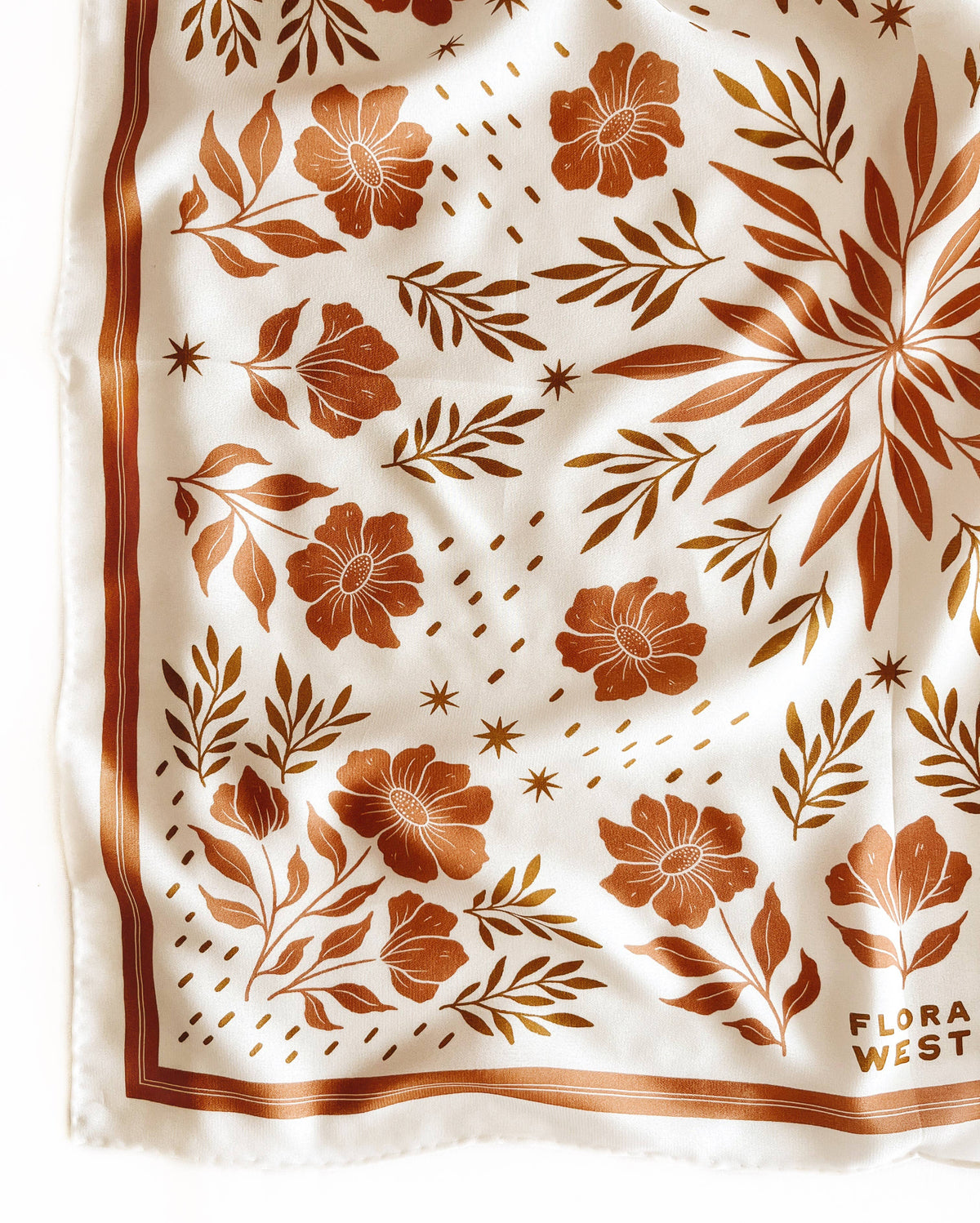 Silk scarf with white background and brown floral pattern.  In stock and ready to ship. 